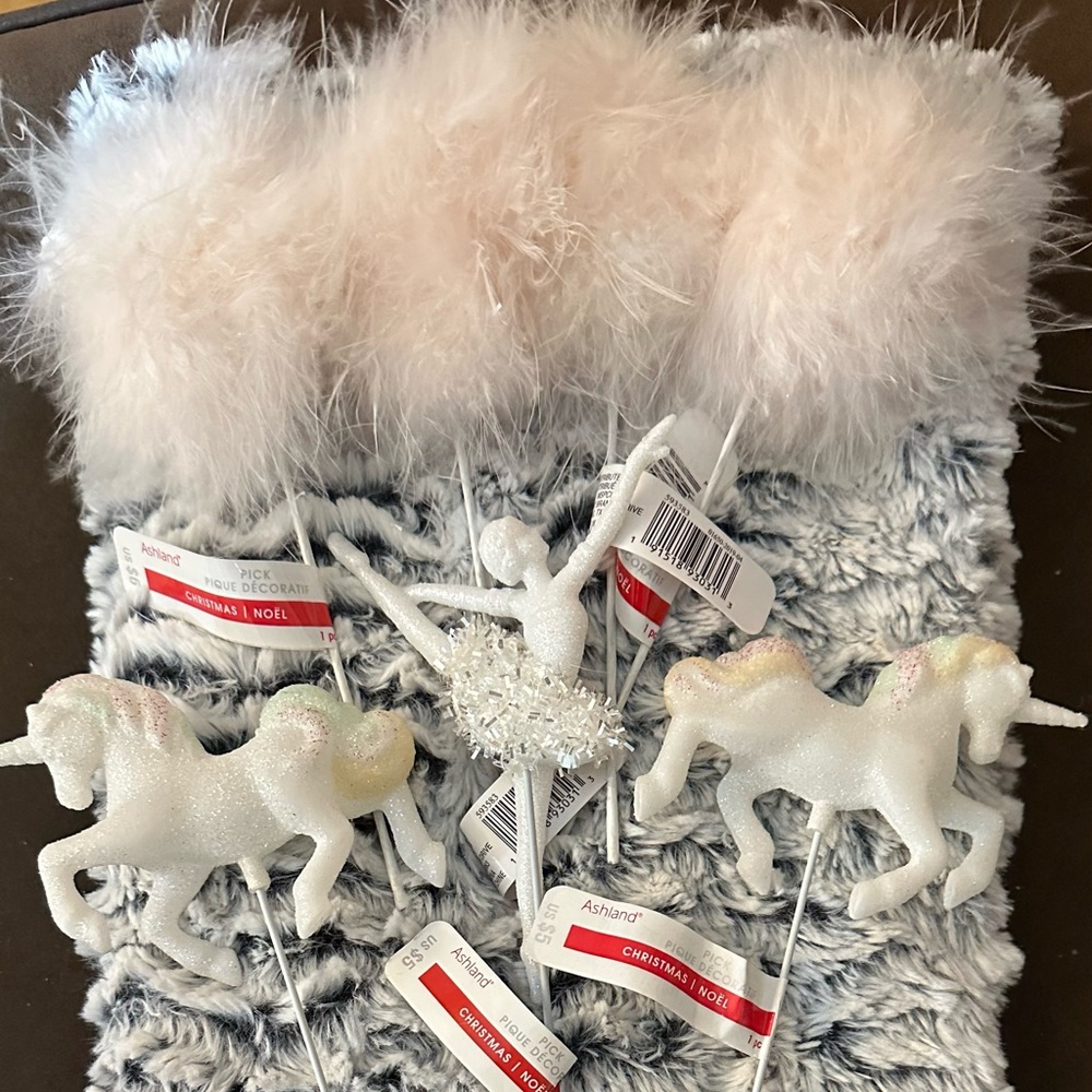 Christmas decorations- pompoms, unicorns and ballerina.